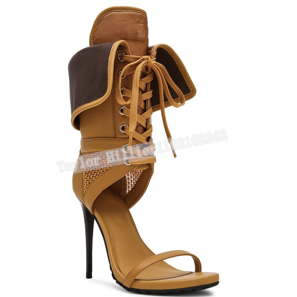 여성 오픈토 스틸레토 힐 샌들 레이스업 메쉬 패치워크  - Leather Work Dress 리뷰 및 가격
