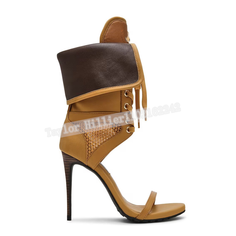 여성 오픈토 스틸레토 힐 샌들 레이스업 메쉬 패치워크  - Leather Work Dress 리뷰 및 가격